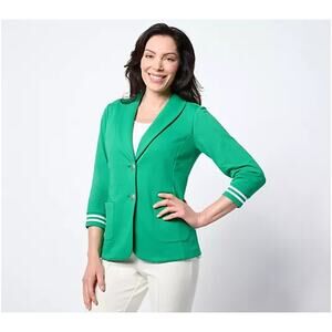 Susan Graver Weekend Marina Knit Blazer w/ Rib Knit Cuffs Clover/White M A644500